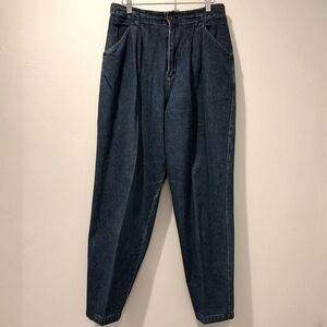 Chaus Vintage High-Waist Pleated Balloon Leg Tapered Cuff Denim Jeans Bl…